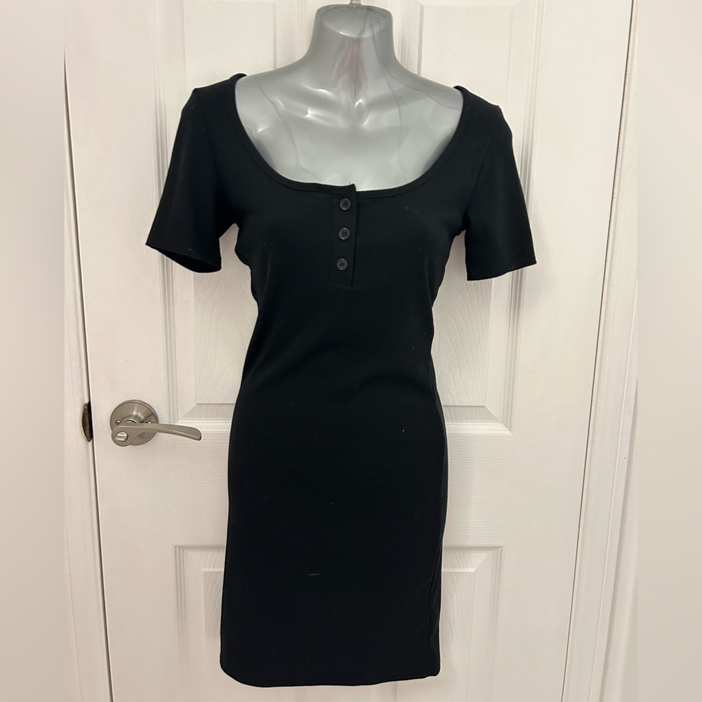 Black Ribbed BodyCon Dress with Buttons, Sz S
